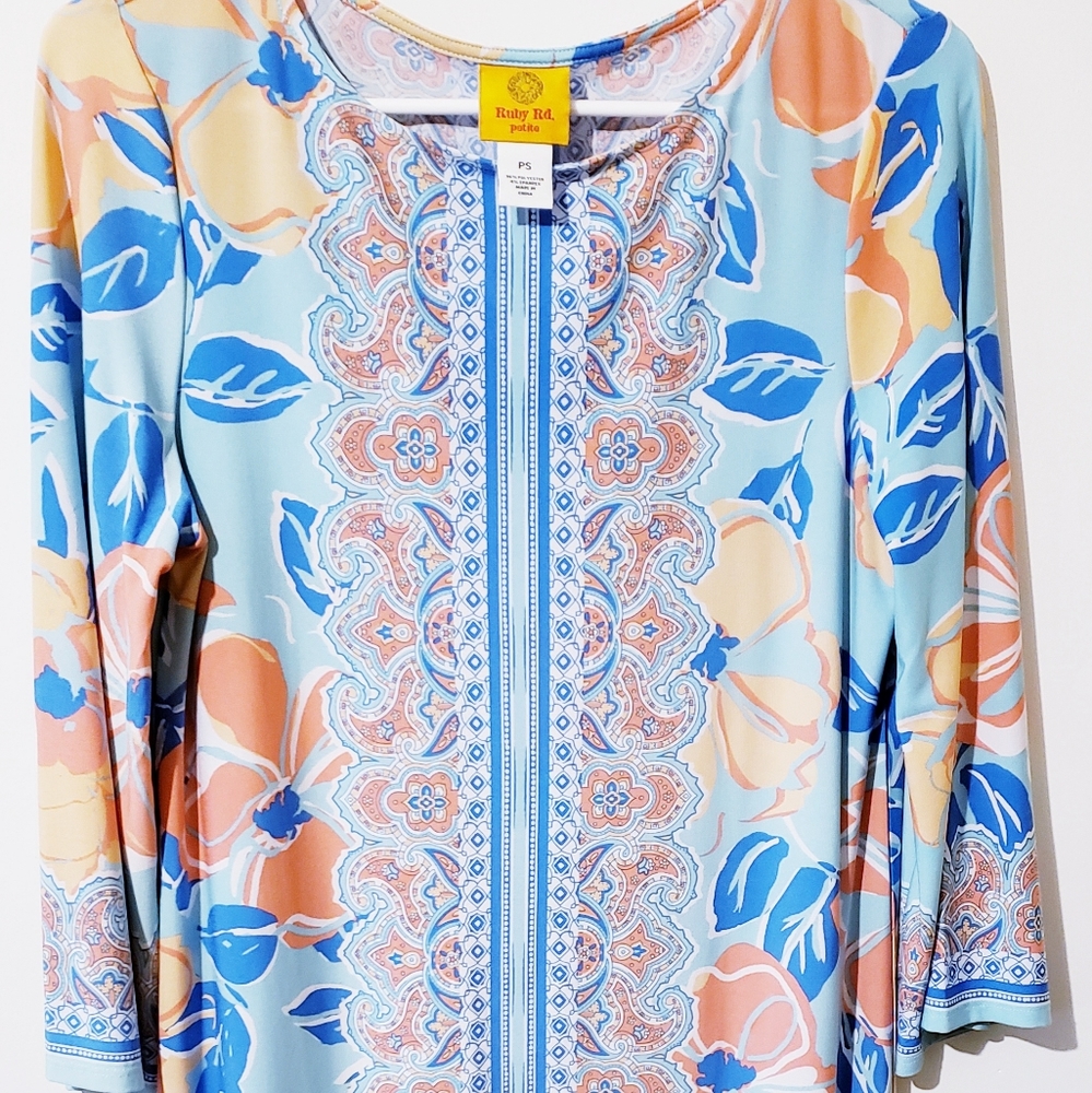 Ruby Rd Bright Blue Boho Floral Dress, Petite Small